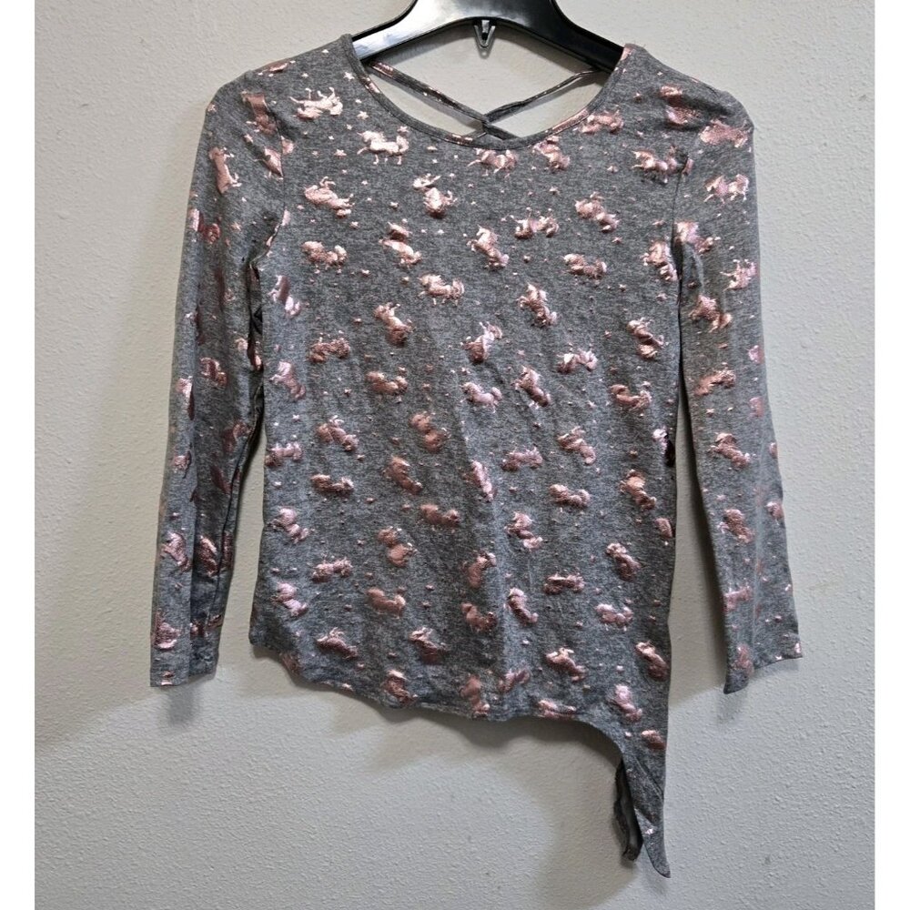 Girls Pink Sparkle Grey Shirt 14/16 Pink Unicorns Criss Cross Back Side Tie